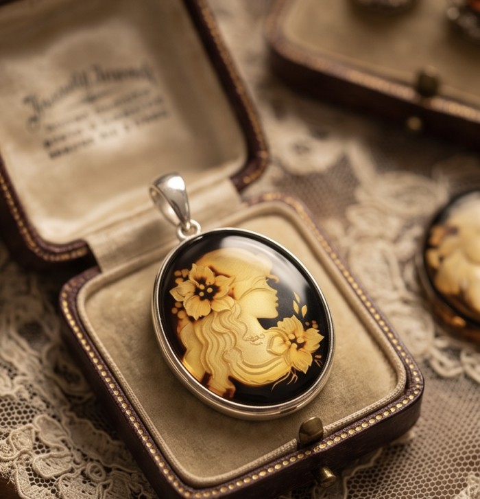Vintage Design Cameo Natural Baltic Amber .925 Sterling Silver handmade Pendant - Vintage cameo pendant in open box, close-up view.