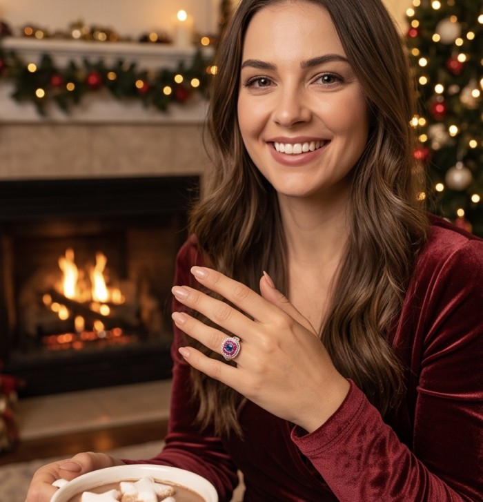 Art Deco 8.6 ctw Colombian Sapphire Rhodium over .925 Sterling Silver handcrafted Statement Ring size 8 - Sapphire ring worn on hand, festive background