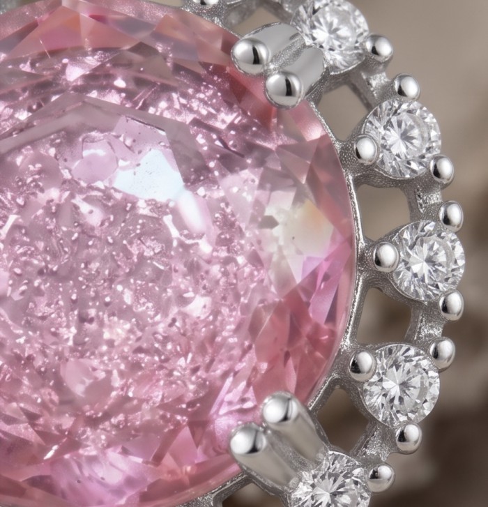 Incredible round cut 7.8 carat Pink Sapphire .925 Sterling Silver handcrafted pendant - Stone close-up of pink sapphire with surrounding diamonds in sterling setting