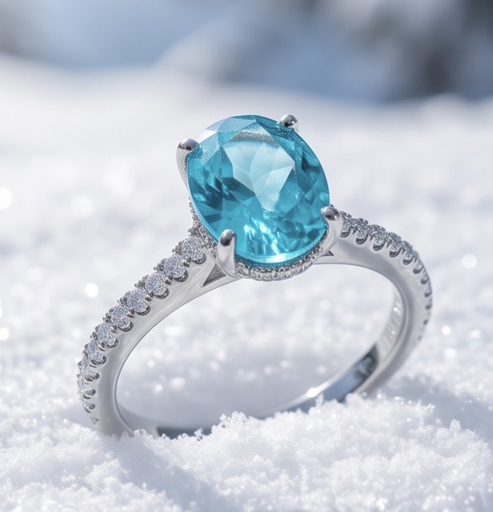 Wonderland 4.1 carat Paraiba Tourmaline .925 Sterling Silver Handcrafted Ring size 8 1/4 - Paraiba Tourmaline ring in snow, side view, 4.1 ct stone, sterling silver