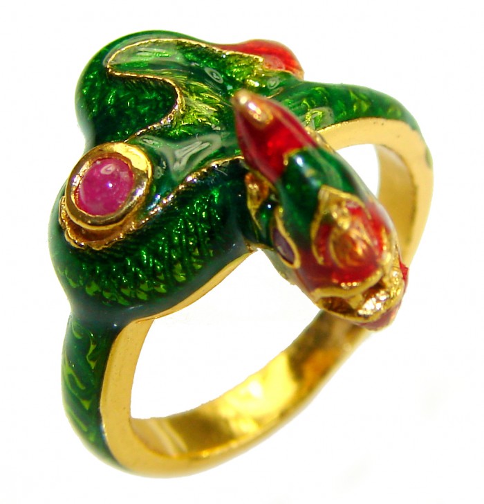 Green Snake Ruby Enamel 18K Gold over .925 Sterling Silver handcrafted Ring s. 6 3/4 - photo 3