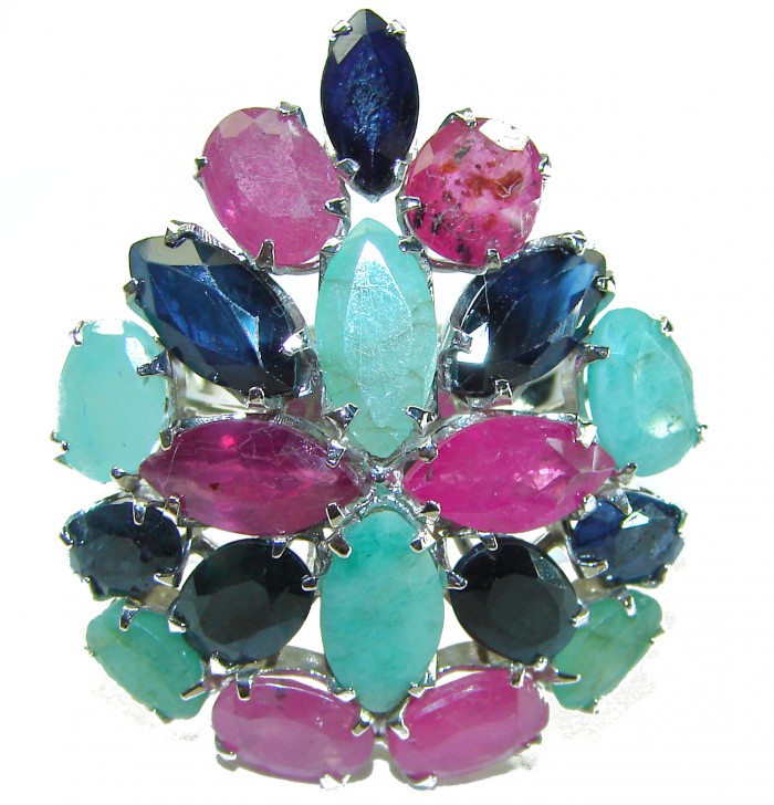 Large - natural 26.5 carat natural Ruby Emerald Sapphire .925 Sterling Silver handmade Statement Ring size 7 - photo 4