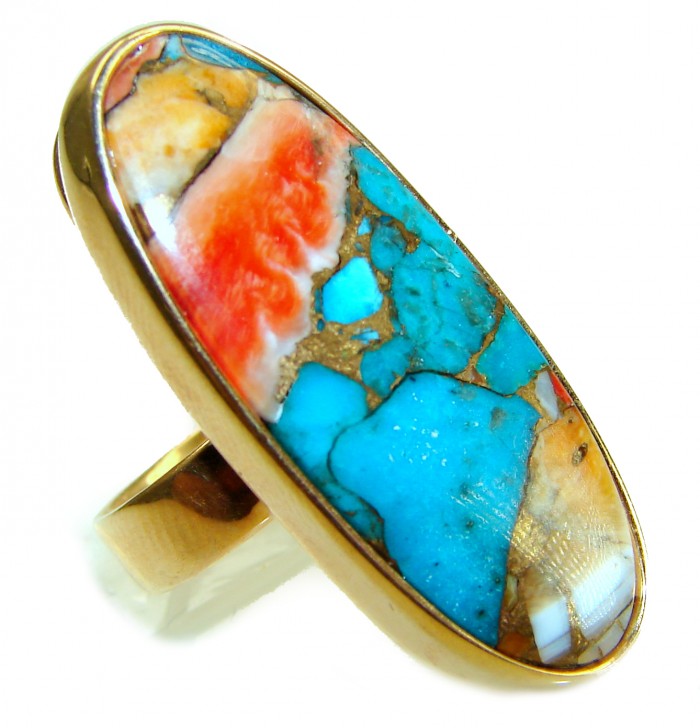 Rare 29.5 carat Oyster Turquoise 18K Gold over .925 Sterling Silver handcrafted Large ring; s. 7 adjustable - Close-up of rare Oyster Turquoise ring in 18K gold over sterling silver.