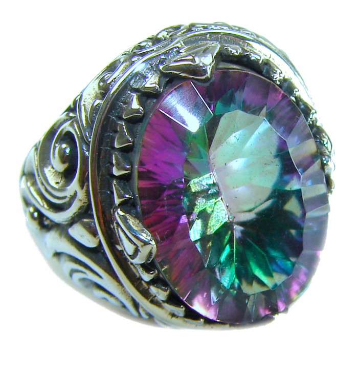 Big Dreamer Massive 11.8 carat Mystic Topaz .925 Sterling Silver handcrafted Large ring size 6 - Close-up of 11.8 carat Mystic Topaz ring in .925 sterling silver.