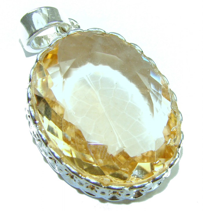 Perfection Oval cut 37.3 carat Lemon Quartz .925 Sterling Silver handcrafted LARGE pendant - Close-up of oval cut lemon quartz pendant in sterling silver setting.