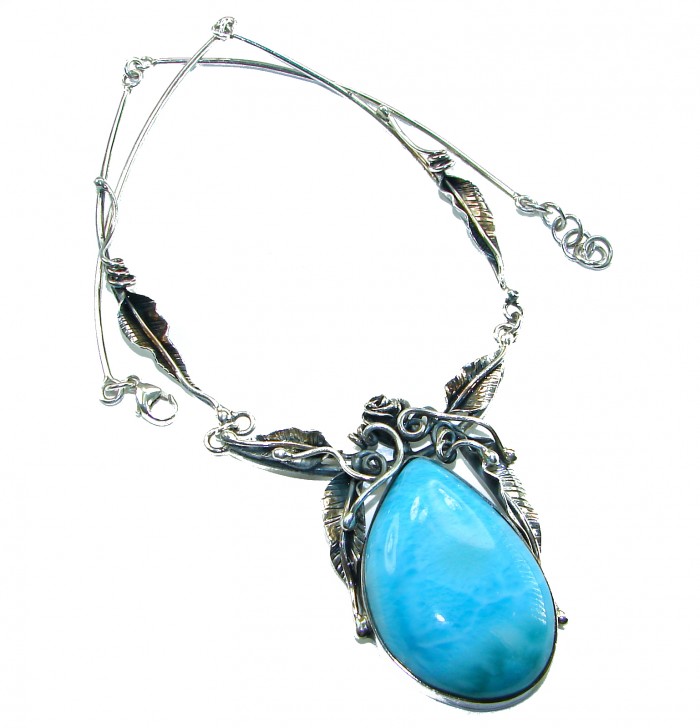 Glorious Nature Best quality authentic 47.5 carat Larimar . 925 Sterling Silver handmade necklace - Blue Larimar pendant necklace with feather details, front view.