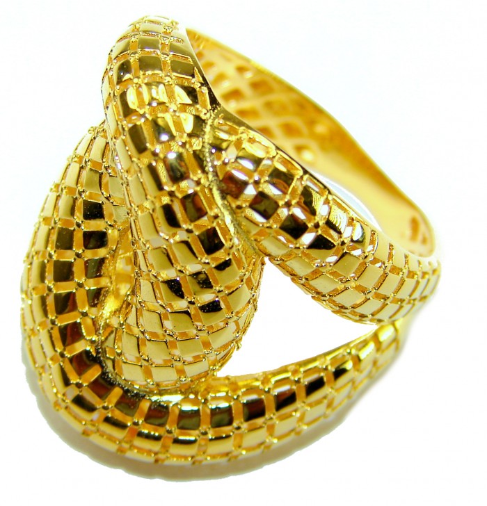 Dubai Style .925 Sterling Silver dipped in 22K Gold handmade Large ring size 7 - Close-up of gold-plated, textured snake design ring in Dubai style.