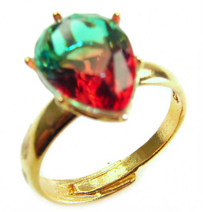 6.8 carat Brazilian Tourmaline .925 Sterling Silver dipped in 18K Gold Perfectly handcrafted Ring s. 9 adjustable - Close-up of 6.8 carat Brazilian Tourmaline ring in sterling silver.