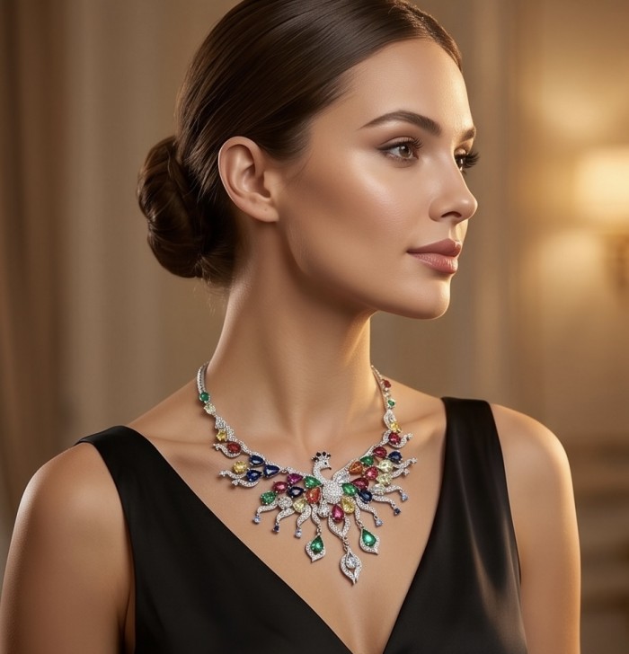 55.2 carat Graceful Swan Natural multicolor Topaz .925 Sterling Silver handcrafted Statement necklace - Woman wearing multicolor topaz necklace, side view.