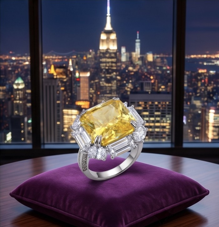 Art Deco - Luxurious assher cut 15.7 carat Yellow Sapphire 18K Gold over .925 Sterling Silver handcrafted Ring s. 8 1/4 - Close-up of yellow sapphire ring on a cushion with cityscape background
