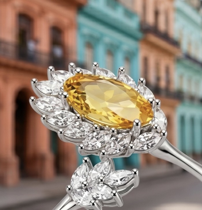 Vivien Luxurious Style - Natural 7.2 carat yellow Sapphire .925 Sterling Silver dipped in Rhodium handmade ring size 8 1/2 - Close-up of yellow sapphire ring with surrounding diamonds.