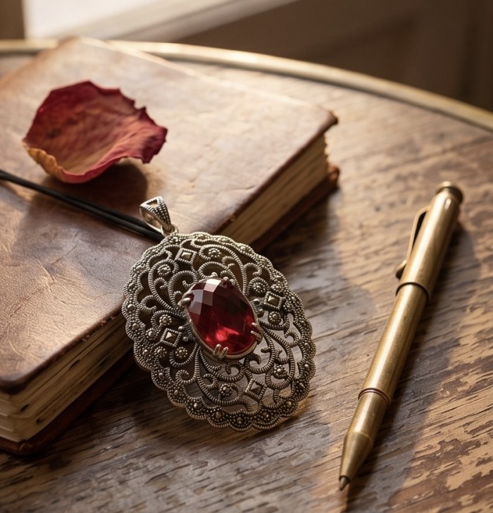 Retro Style - Precious - Genuine 14.5 carat Ruby .925 Sterling Silver handmade Pendant - Top view of a vintage pendant with a large ruby and intricate silver design.