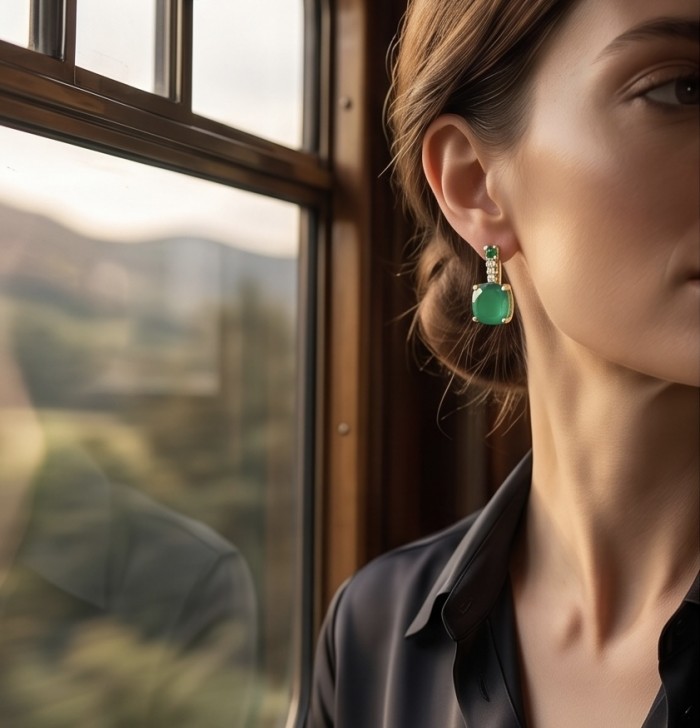 Asscher cut 3.8 carat COLOMBIAN Emerald 22k Gold over .925 Sterling Silver handmade Earrings - Emerald earrings side view, worn with hair up, reflecting in window.
