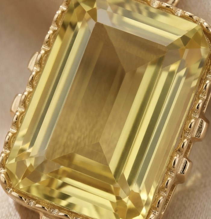 Emerald cut 10.3 carat Lemon Quartz 18K Gold over .925 Sterling Silver handcrafted pendant - Close-up of emerald-cut lemon quartz in 18K gold setting.