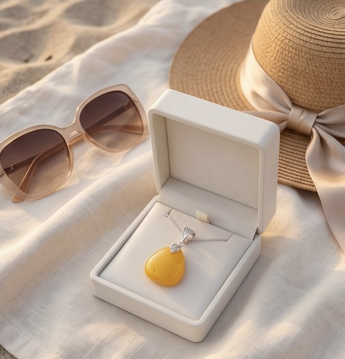 Prehistoric Authentic Golden Butterscotch Baltic Amber .925 Sterling Silver handcrafted Pendant - Beach setting with amber pendant necklace in an open box, hat and sunglasses.