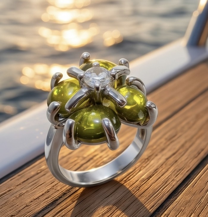 Clover 7.9 carat authentic Himalayan Peridot .925 Sterling Silver Handcrafted Statement Ring size 6 - photo 3