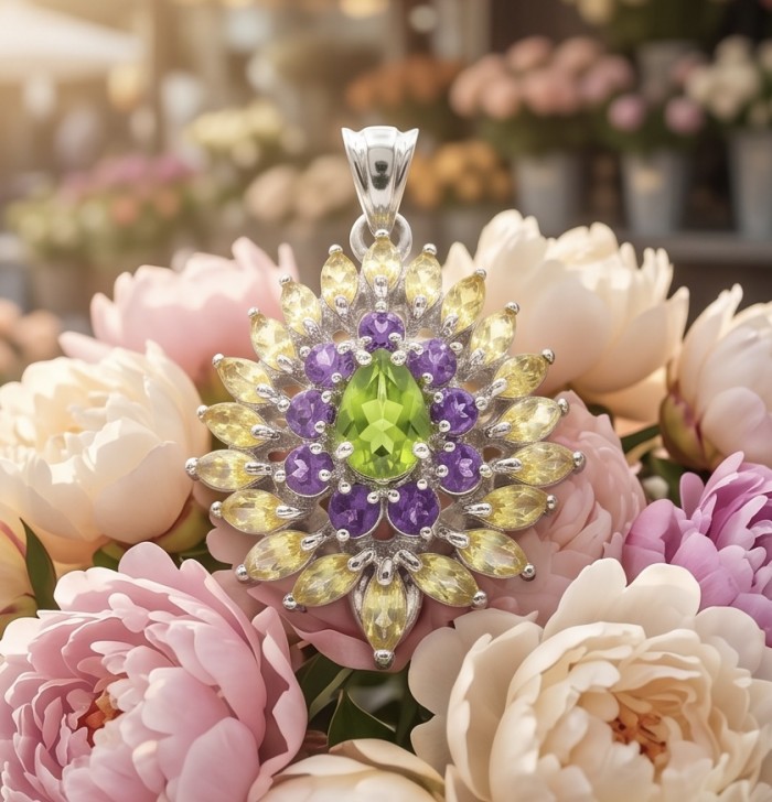 Wise Bliss Authentic 5.2 carat Peridot from Arizona .925 Sterling Silver handmade pendant - Close-up of 5.2 carat Peridot pendant on pink flowers