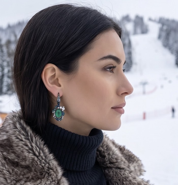 Tiffany - Authentic 10.5 CARAT Siberian Chrome Diopside black rhodium .925 Sterling Silver handcrafted earrings - Side view of woman wearing Tiffany 10.5 carat Siberian Chrome Diopside earring