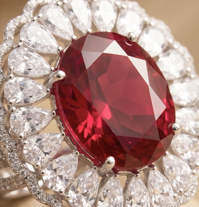 Scarlett 19.7 ctw Mozambique Star Ruby .925 Sterling Silver dipped in 18K WHITE Gold handcrafted Statement Ring size 7 - Close-up of Scarlett 19.7 ctw Mozambique Star Ruby in .925 Sterling Silver
