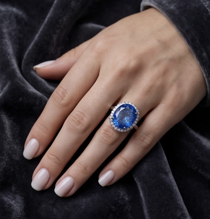 Angelina 14.9 carat authentic Swiss Blue Topaz .925 Sterling Silver Handcrafted Ring size 7 - Swiss Blue Topaz ring, 14.9 carats, worn on hand, displaying stone.