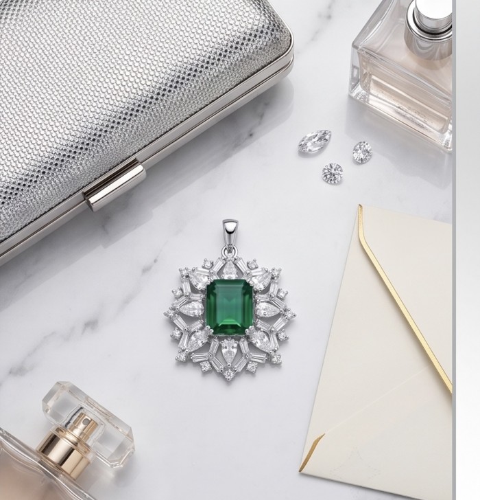 Giovanna - Authentic 4.8 carat COLOMBIAN EMERALD .925 Sterling Silver dipped in rhodium handcrafted pendant - Emerald pendant and accessories on marble surface, top view.