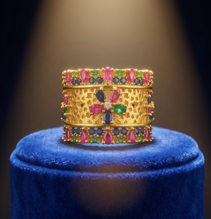 Byzantine design Authentic Ruby 14K Gold over .925 Sterling Silver handmade Ring s. 7 adjustable - Byzantine bracelet on display stand, showcasing colorful gemstones.