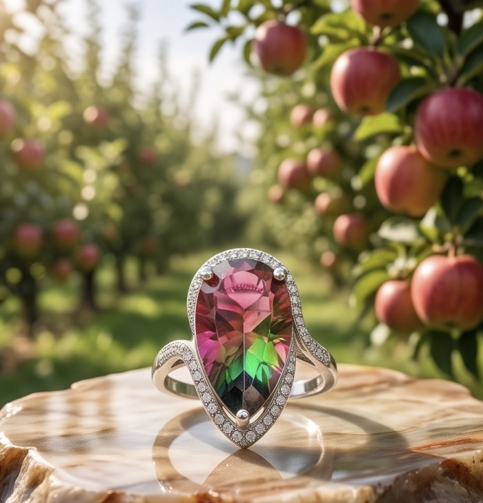 Carolyn 6.8 carat Brazilian Tourmaline .925 Sterling Silver Perfectly handcrafted Ring s. 7 - Tourmaline ring close-up on a wooden surface with apple orchard background.