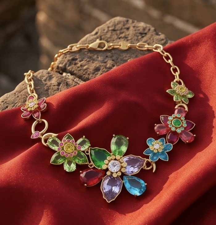 55.2 carat Blooming Garden Natural multicolot Topaz 14k Gold over .925 Sterling Silver handcrafted Statement necklace - Colorful gemstone flower necklace on red fabric, top view.