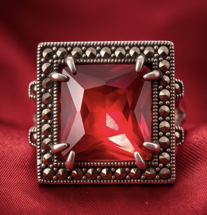 Carmen Natural asscher cut 14.7 carat Kashmir Ruby .925 Sterling Silver handmade Statement Ring size 8 - Close-up of square Kashmir Ruby ring with intricate silver setting.