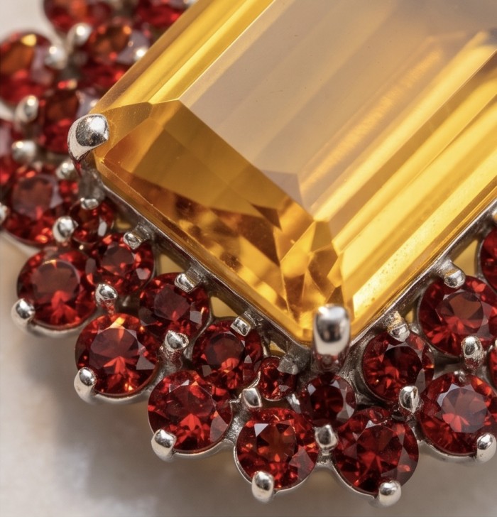 Giovanna baquette cut 38.2 carat Golden Topaz rhodium over .925 Sterling Silver handmade Pendant - Brooch - Close-up of Giovanna 38.2 carat Golden Topaz with red accents