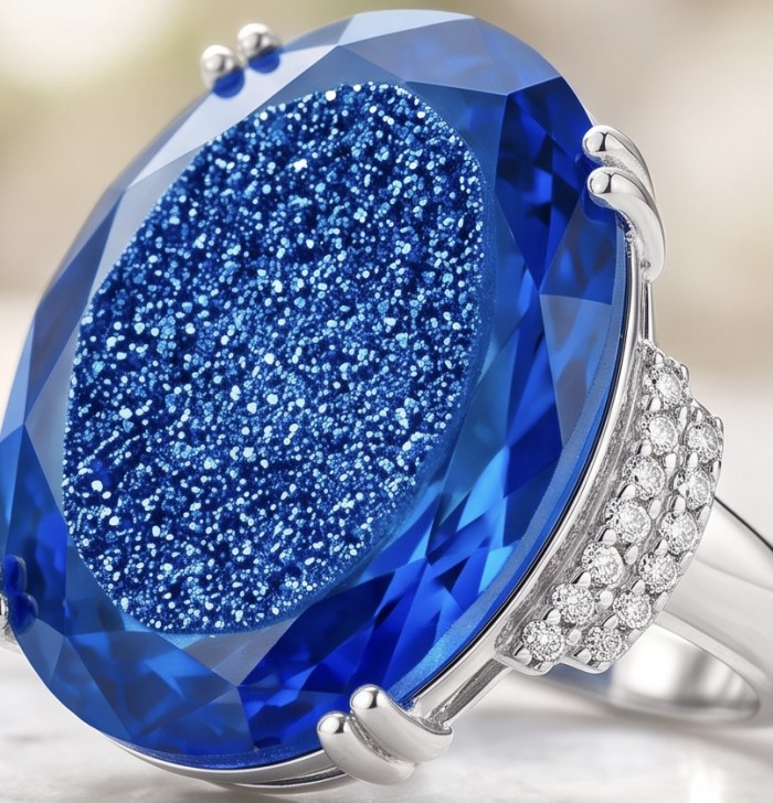Paris Sky Blue 15.8 carat Swiss Blue Topaz .925 Sterling Silver dipped in rhodium handcrafted ring size 7 3/4 - Close-up of Paris Sky Blue Swiss Blue Topaz ring with silver setting.