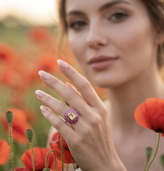 Francesca Authentic 8.9 carat Brazilian Citrine Mozambique Ruby .925 Sterling Silver brilliantly handcrafted Statement Statement ring; s. 8 3/4 - Citrine ring worn on hand among red poppy flowers.