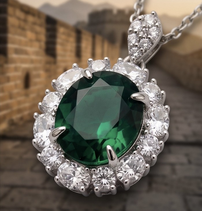 Giovanna- Authentic 11.5 CARAT natural Colombian Emerald .925 Sterling Silver handcrafted necklace - Close-up of Giovanna emerald pendant surrounded by clear stones.