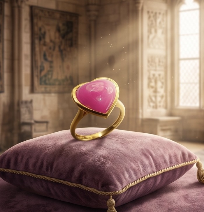 Angel's Heart Natural heart shape 12.7 carat Ruby .925 Sterling Silver dipped in 22K Gold handmade Statement Ring size 6 1/4 - Heart-shaped ruby ring on a cushion, close-up view.