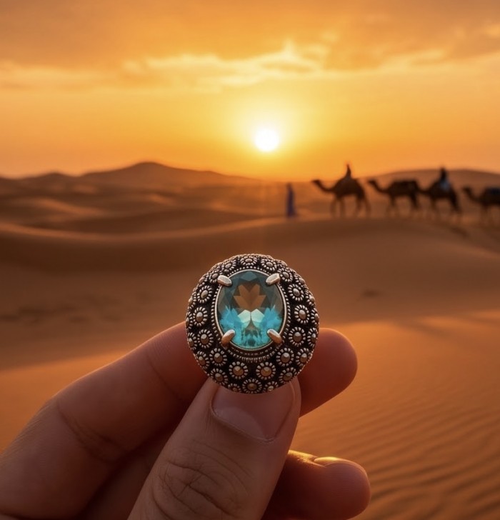 Massive Deep Blue 18.8 carat Aquamarine Marcasite .925 Sterling Silver handcrafted ring size 8 - Close-up of aquamarine ring with marcasite in a desert sunset background.