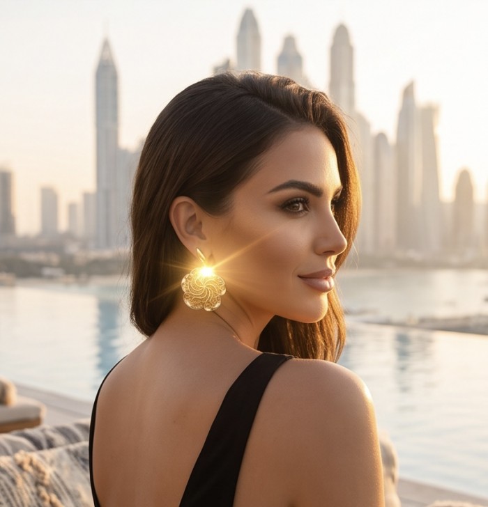 Golden RosesDubai Style - .925 Sterling Silver dipped in 22K Gold handmade Earrings - Side view of earrings worn with cityscape background at sunset.