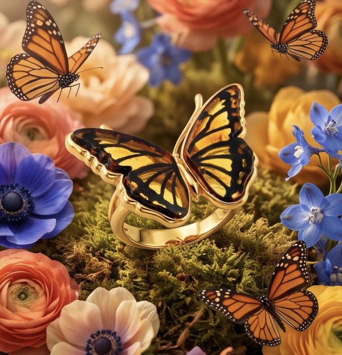 Butterfly Authentic Baltic Amber .925 Sterling Silver dipped in 18K Gold handcrafted ring; s. 8 adjustable - Butterfly Baltic Amber ring close-up with flowers and butterflies