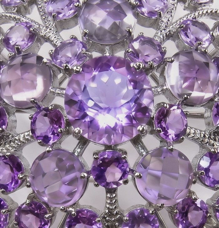 Mademoiselle - Vintage Design 45.4 CARAT Brazilian Pink Amethyst rhodium over .925 Sterling Silver handcrafted Pendant & Brooch - Close-up of Mademoiselle vintage design with Brazilian pink amethyst stones.