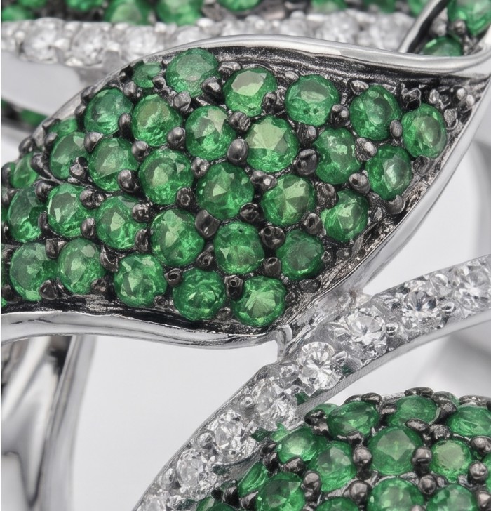 Precious pave authentic 10.2 carat Emerald .925 Sterling Silver Ring size 7 - Close-up of emerald and diamond pave on sterling silver jewelry.