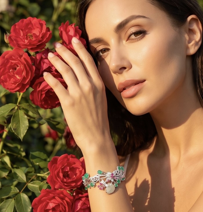 RARE BEAUTY! Valentina 58.2 carat CARVED Green Amethyst .925 Sterling Silver dipped in rhodium Statement handcrafted Bracelet - Woman modeling bracelet with roses in background.