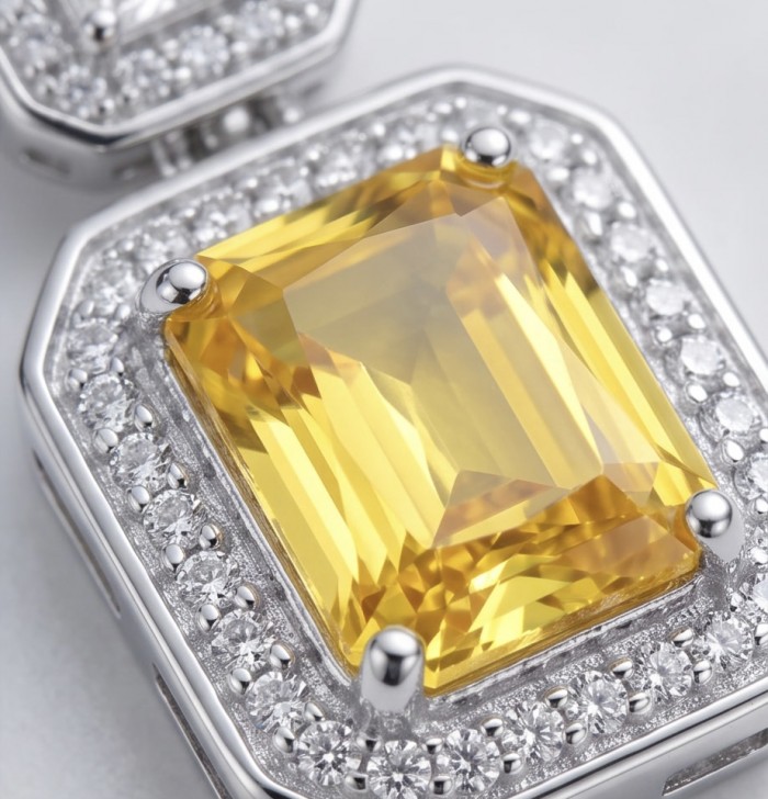 Art Deco - Luxurious baquette cut 8.5 carat Yellow Sapphire rhodium over .925 Sterling Silver handcrafted earrings - Close-up of Art Deco yellow sapphire with diamond accents