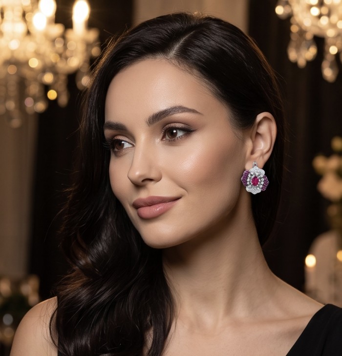 Natural 4.2 carat Mozambique Ruby .925 Sterling Silver dipped in 22K Gold Handcrafted Earrings - Woman wearing sterling silver earrings with Mozambique ruby, side view.