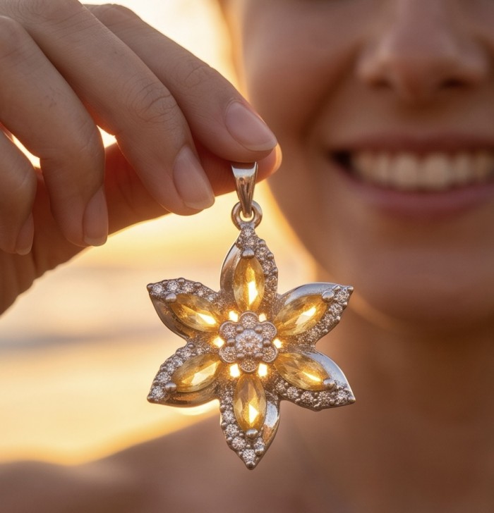Vivien Luxurious Style - Natural 8.2 carat Citrine .925 Sterling Silver dipped in Rhodium handmade pendant - Close-up of citrine pendant held in hand against sunlight.