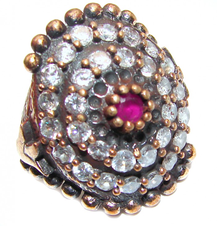 Large Victorian Style created Ruby & White Topaz Sterling Silver ring; s. 6 - photo 1