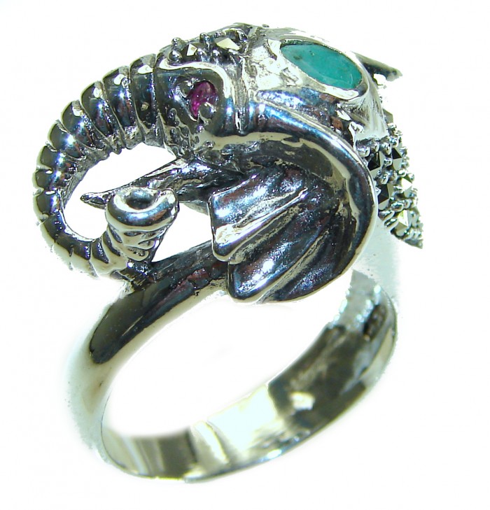 Lucky Elephant Emerald Large Bali made .925 Sterling Silver handcrafted Ring s. 9 - photo 2