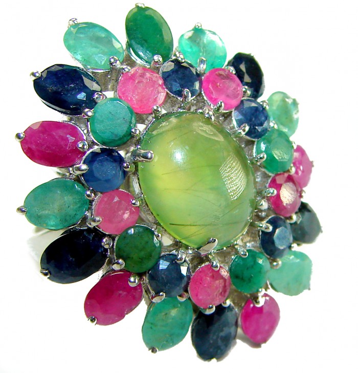 Incredible 45.5 carat Prehnite Ruby Emerald Sapphire . 925 Sterling Silver Ring s. 7 - photo 4
