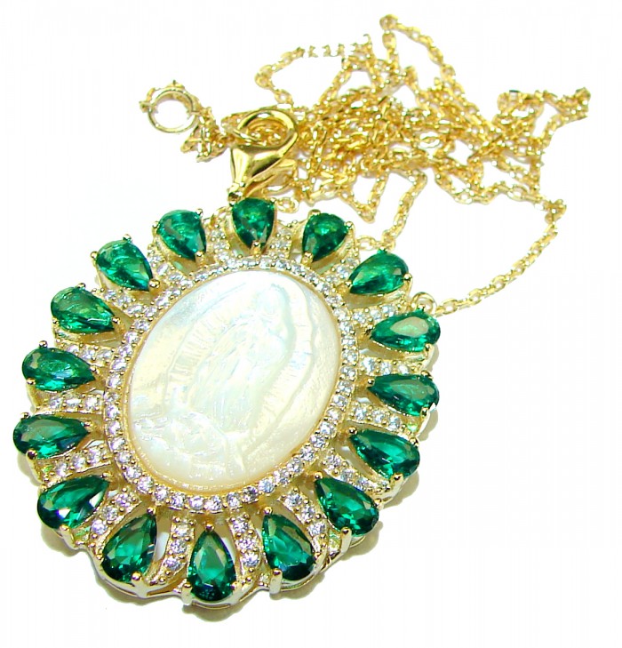 Virgin MARY Precious Blister Pearl Chrome 14.5 CARAT Diopside 18K Gold over .925 Sterling Silver Necklace - photo 3