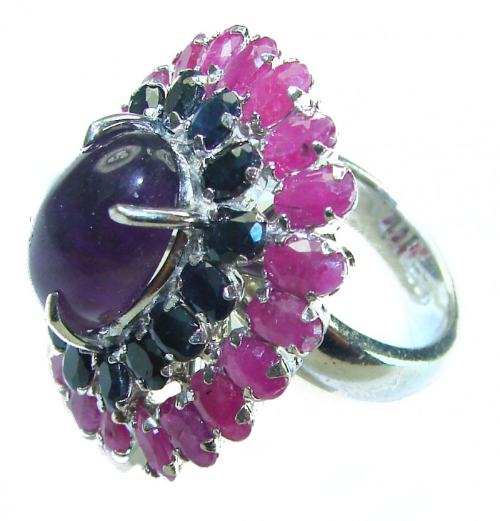 Magic Odyssey 27.5 carat authentic Amethyst .925 Silver handcrafted Statement Ring s. 7 - Side view of Magic Odyssey 27.5 carat Amethyst .925 Silver ring.