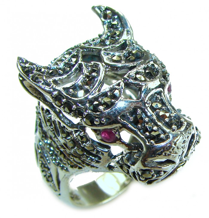 Cheetah authentic Ruby .925 Sterling Silver handmade Statement Ring s. 8 3/4 - Cheetah ring with ruby eyes, front view, .925 Sterling Silver.