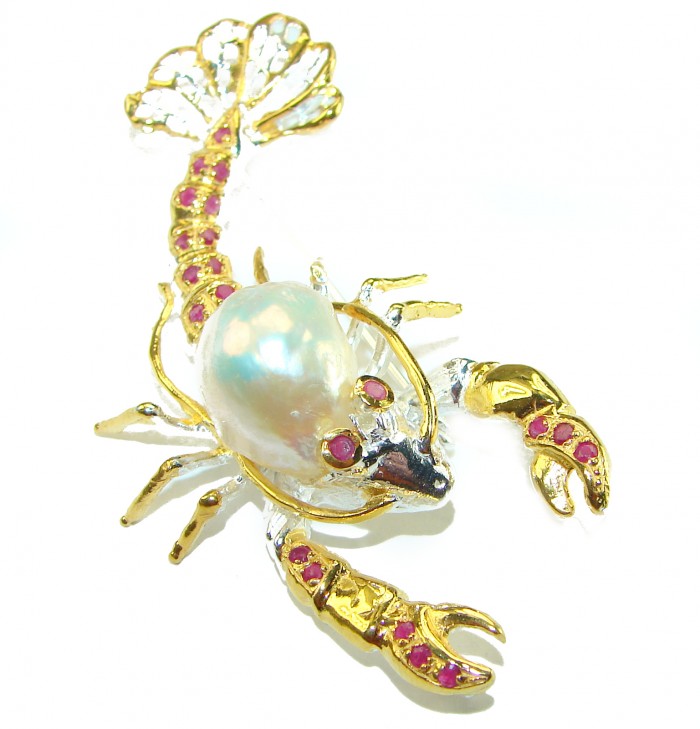 Precious Crayfish Natural Mother of Pearl Ruby 18K Gold over .925 Sterling Silver handmade Pendant Brooch - Crayfish jewelry with pearl and ruby, top view on white background.